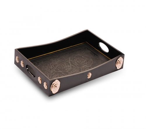 Medium Black Wooden Painting Serving Tray With Metal Rose Decoration