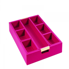 Wooden Separated Jewelry Storaging Rosy PU Trays With Metal Handles