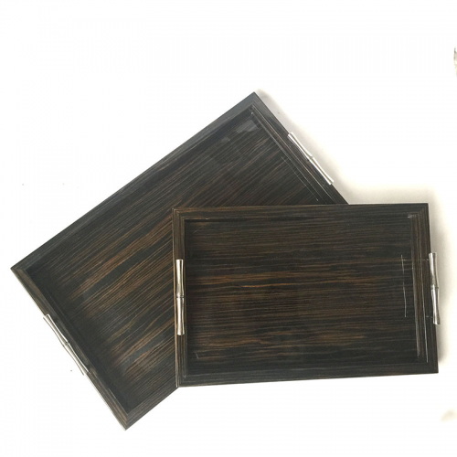 Noble Veneer Black Wooden Painting Tea Serving Tray With Metal Handles