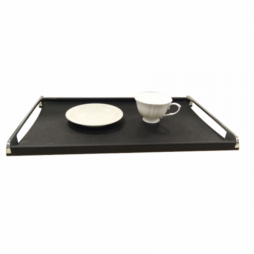 High-end Wooden Black Leather Serving Tray With Metal Handles
