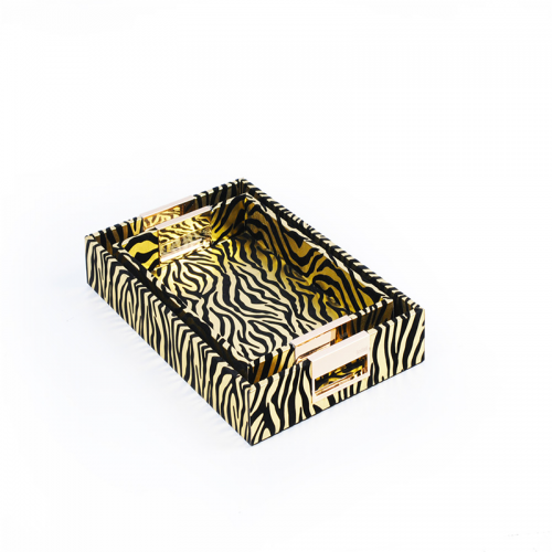 Rectangle Wholesale Decorative Wooden Zebra Leather Serving Trays With Metal Handles Wholesale