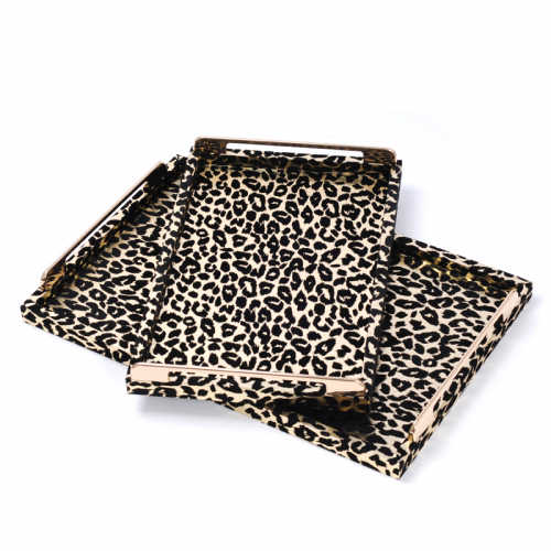 Rectangle Wholesale Decorative Wooden Leopard Leather Serving Trays With Metal Handles