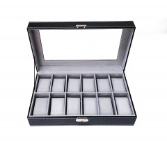 Wholesale 12 SlotsBlack PU Leather Wooden Watch box/Jewelry Packaging Box with Glass Window
