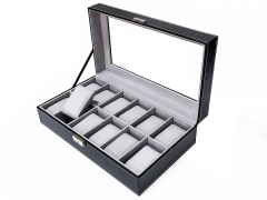 Wholesale 12 SlotsBlack PU Leather Wooden Watch box/Jewelry Packaging Box with Glass Window