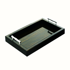 High-end Veneer Wooden Black Leather Serving Tray With Metal Handles