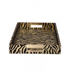 Rectangle Golden Tiger PU Wooden Seving Tray with Metal Handle