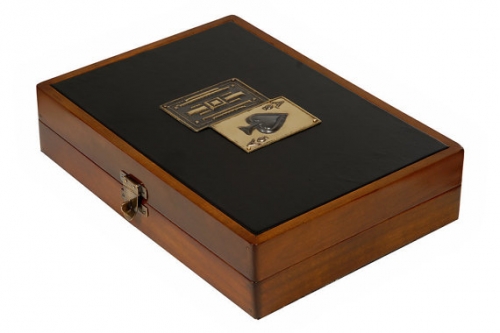 Wooden playing card box with leather top