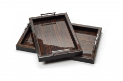 High-end Veneer Wooden Black Leather Serving Tray With Metal Handles